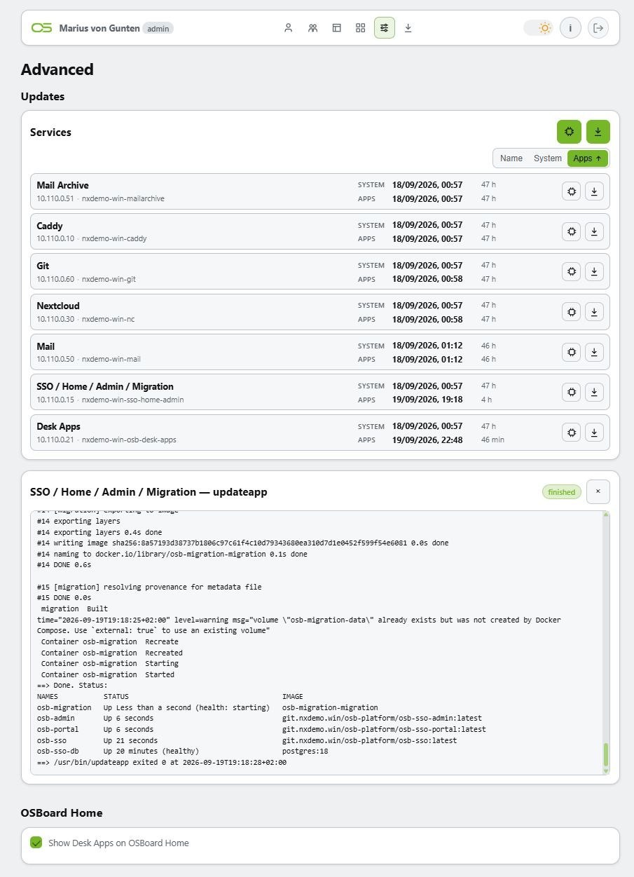 Dienste, Updates und Live-Protokoll in der Administration · Demoansicht